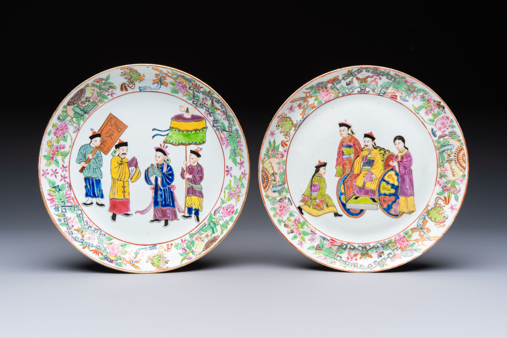 Two Chinese Canton famille rose plates with figural design, 19th C.