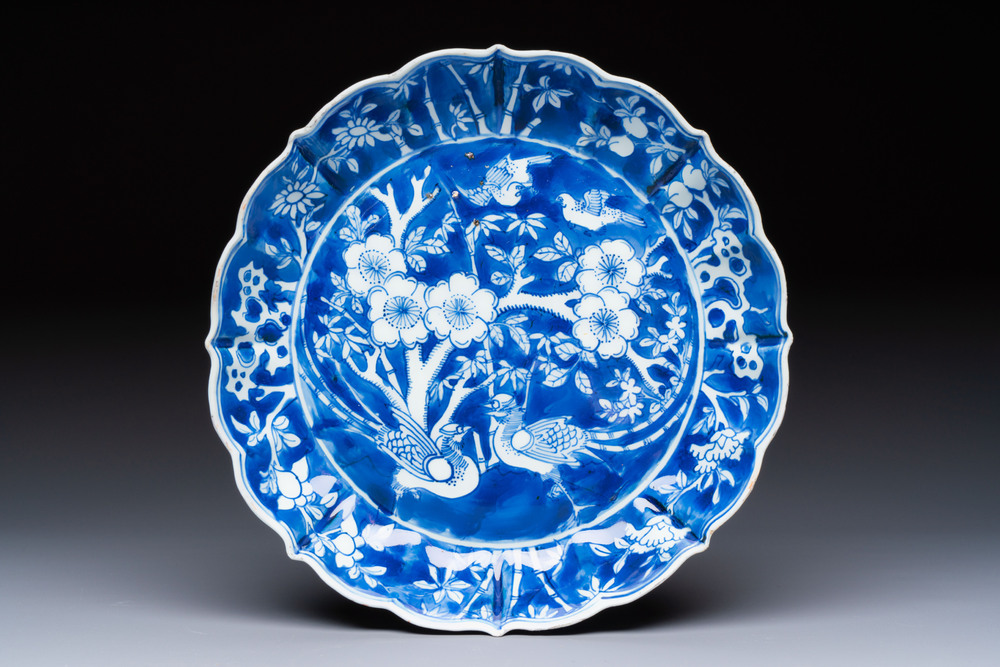 A Chinese blue and white Ko-Sometsuke 'Birds among Flowering Branches' plate for the Japanese market, Chenghua mark, Chongzhen