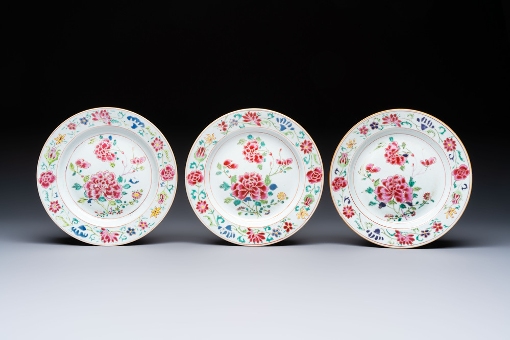 Three Chinese famille rose plates with floral design, Yongzheng