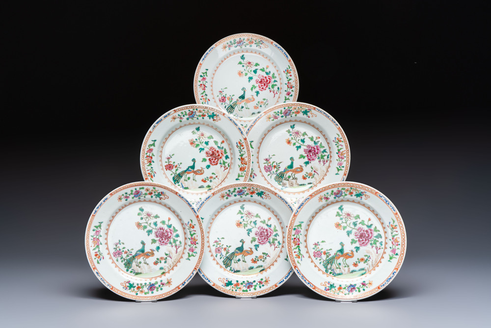 Six Chinese famille rose 'Peacock' plates, Qianlong