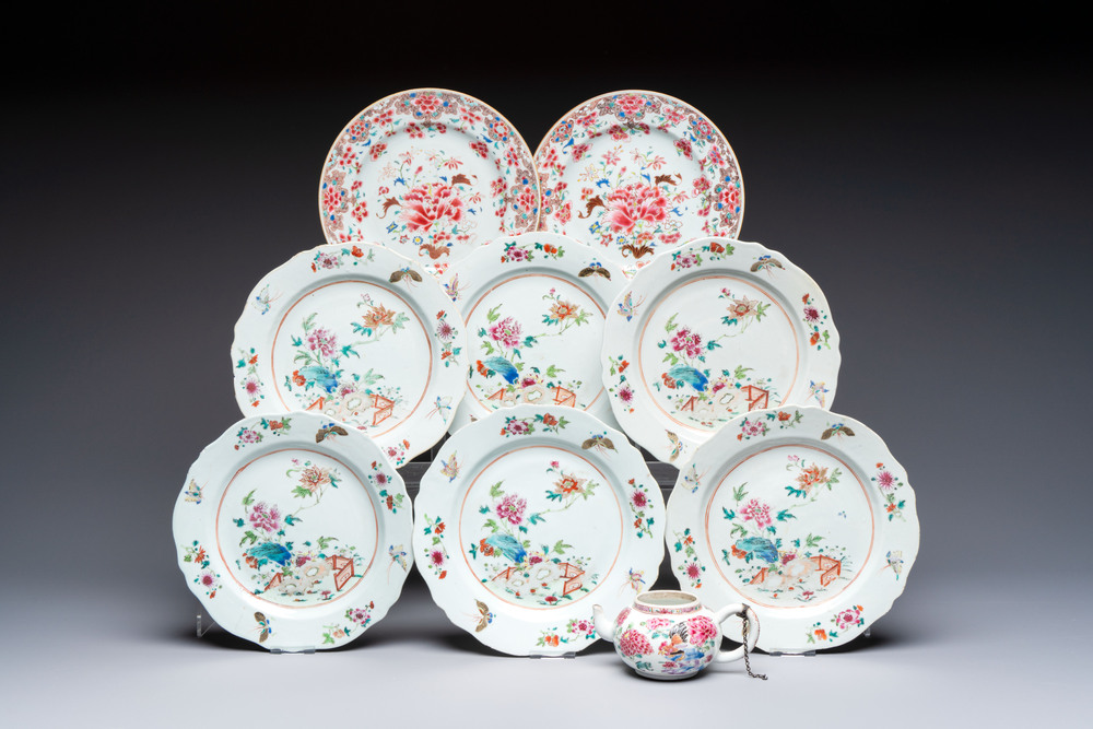 Eight Chinese famille rose plates with floral design and a 'Rooster' teapot, Yongzheng/Qianlong