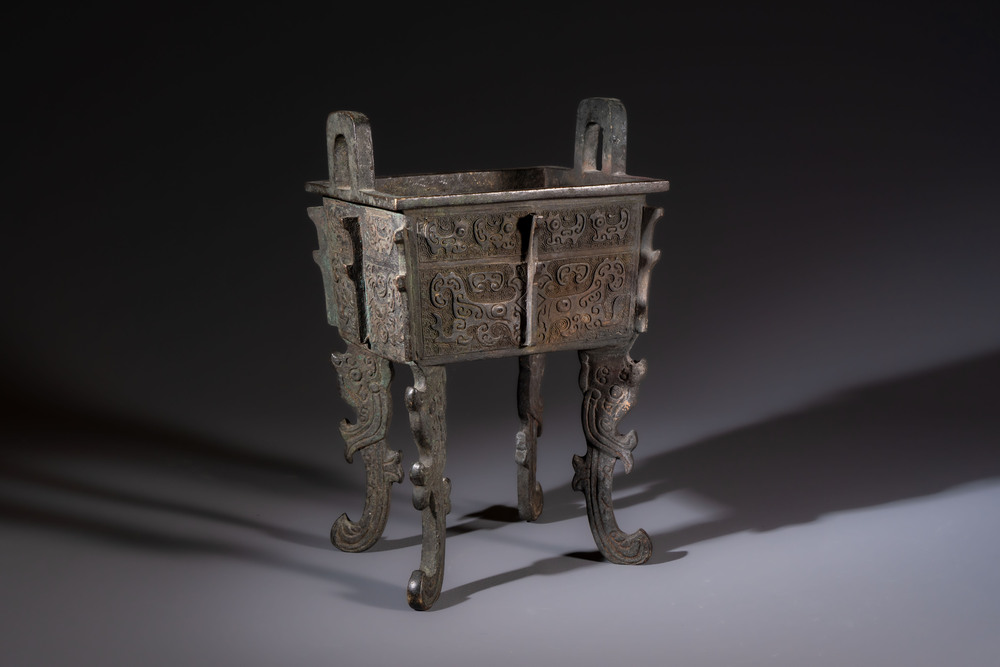 A Chinese archaistic bronze censer with Taotie design, Fang Ding 方鼎, Ming