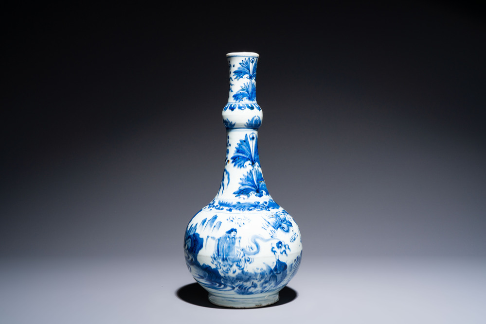 A rare Chinese blue and white bottle vase with narrative design, Transitional period