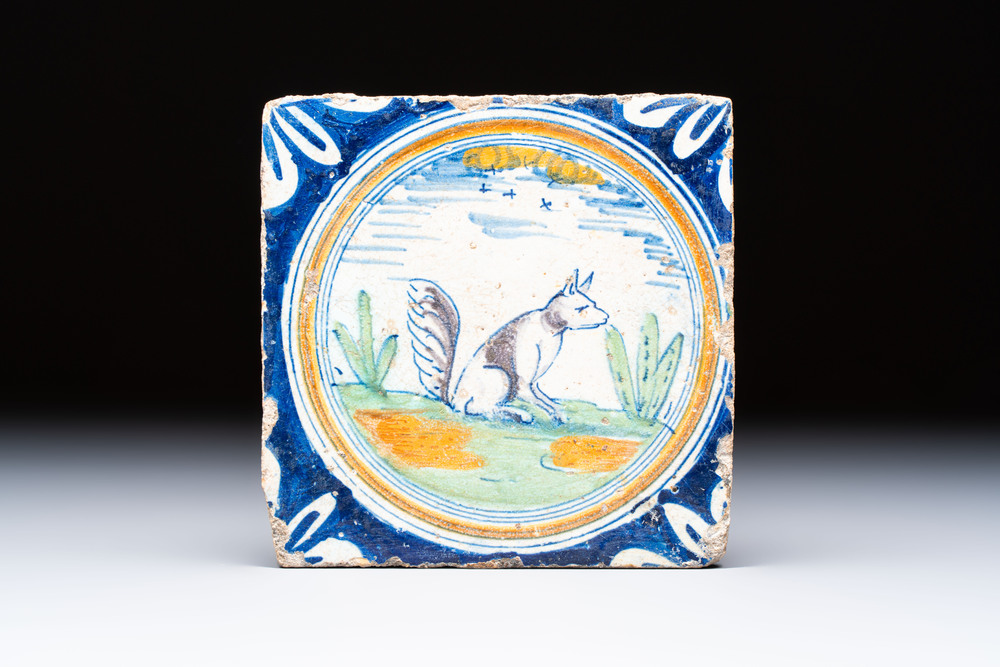 A rare polychrome Dutch Delft maiolica 'Double Crown' 'Fox' tile, Rotterdam, ca. 1600