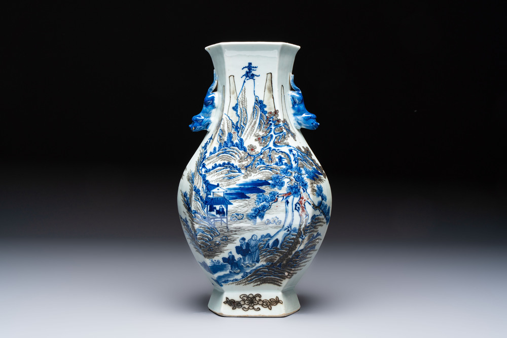 A Chinese blue, white and copper-red 'Hu' vase with figures in a mountainous landscape, 19th C.