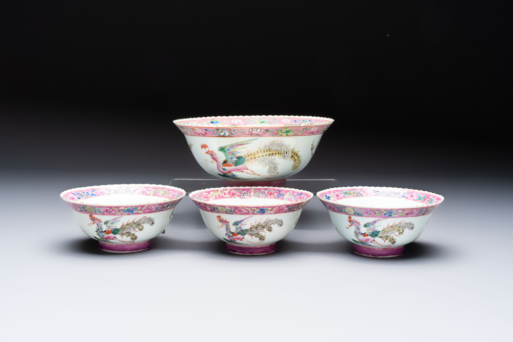 Four Chinese famille rose 'Phoenix and Peony' bowls for the Straits or Peranakan market, Qianlong mark, Republic