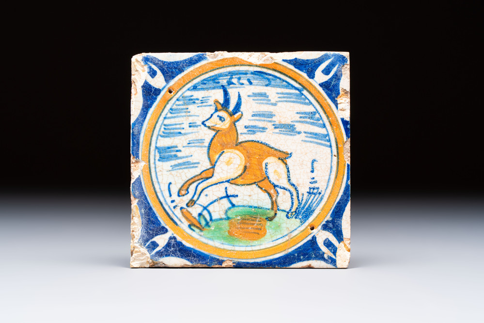 A small polychrome Dutch Delft maiolica 'Goat' tile, ca. 1600