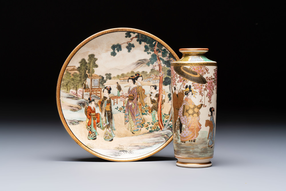 A Japanese Satsuma plate and a vase with figural design, Kozan 光山 and Ryokuzan 祿山 mark, Meiji, 19th C.