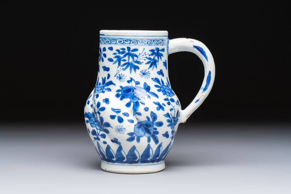 A Chinese blue and white twisted jug with floral design, Kangxi