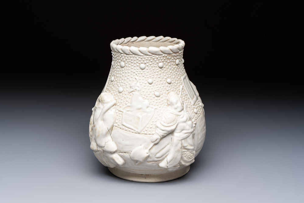 A Chinese Nanking white-glazed 'hu' vase with figural relief design, 19th C.