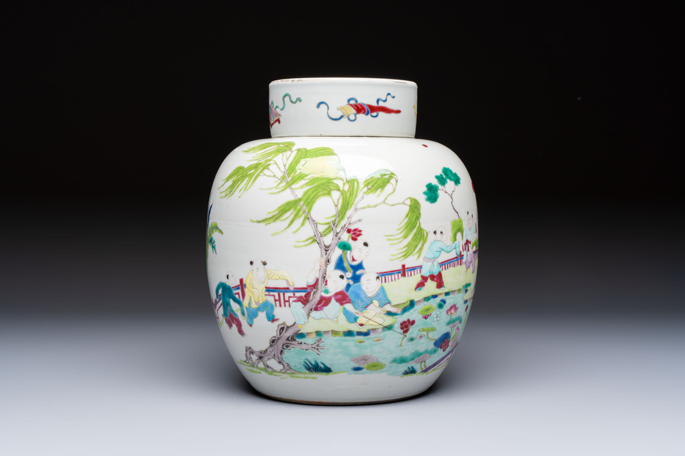 A Chinese famille rose 'Playing Boys' jar and cover, Kangxi mark, 19th C.