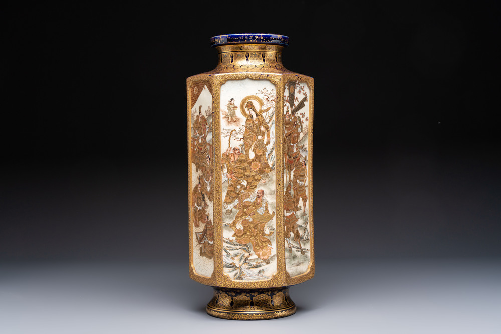 A fine Japanese Satsuma hexagonal vase with narrative design, Kinkozan 錦光山 mark, Meiji, 19th C.