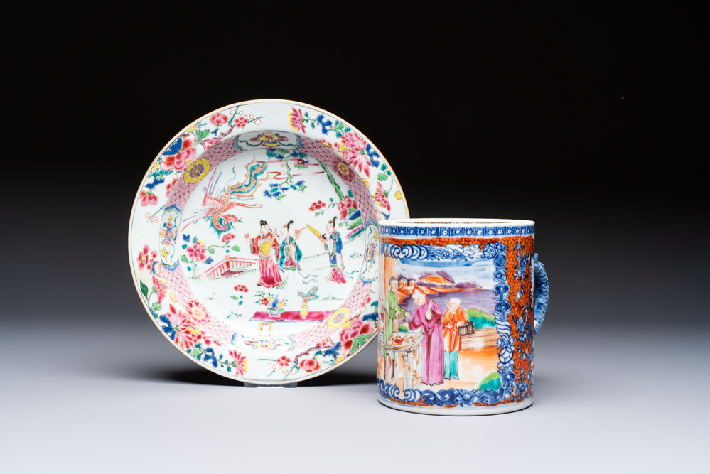 A Chinese famille rose 'Chui Xiao Yin Feng 吹簫引鳳' plate and a Canton famille rose tankard with figural design, Yongzheng/Qianlong