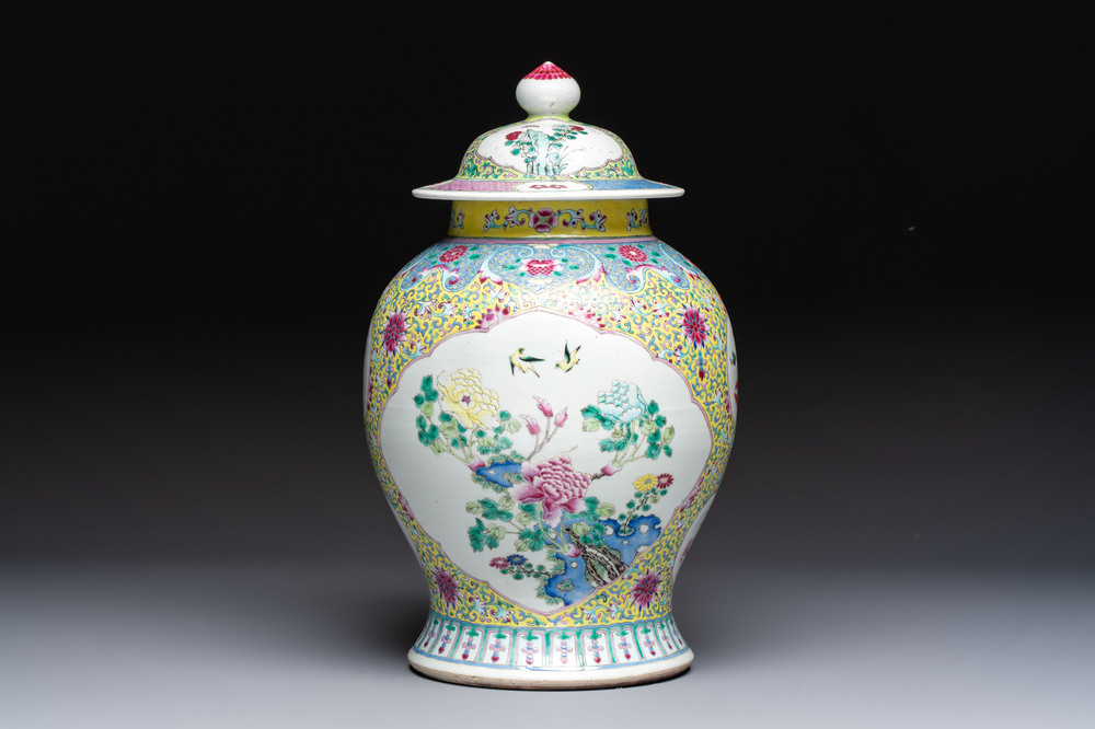 A Chinese famille rose vase and cover with birds among flowering branches, 19th C.
