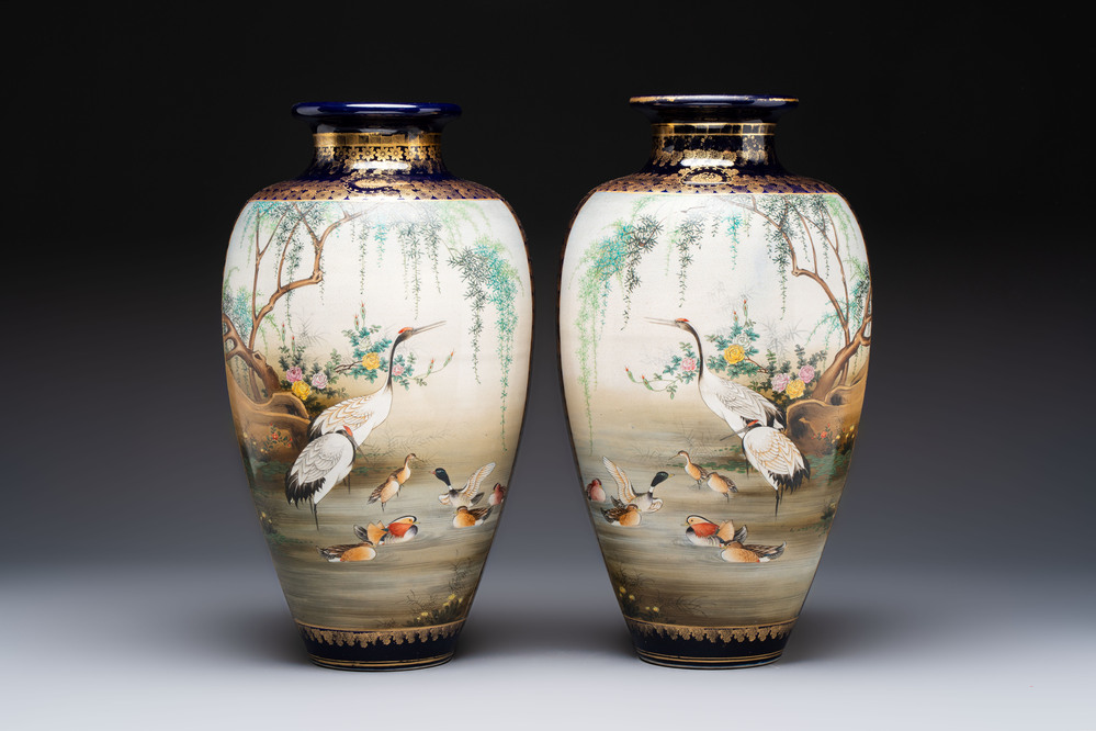 A fine pair of Japanese Satsuma 'Birds and Flowers' vases, Kinkozan 錦光山 mark, Meiji, 19th C.