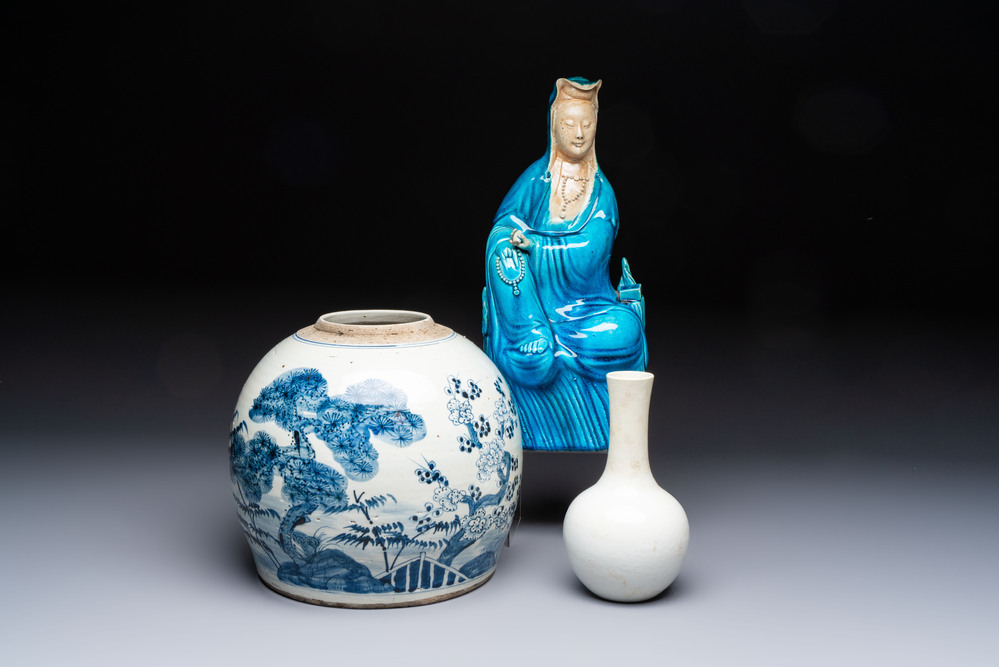 A Chinese turquoise-glazed Guanyin, a white-glazed bottle vase and a blue and white jar, 19th C.