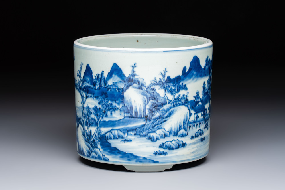 A Chinese blue and white 'Landscape' tripod censer, 20th C.