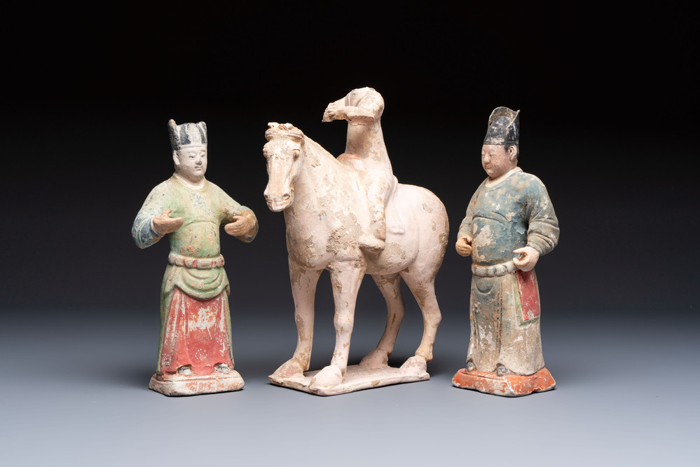 Three Chinese cold painted pottery figures, Sui/Ming