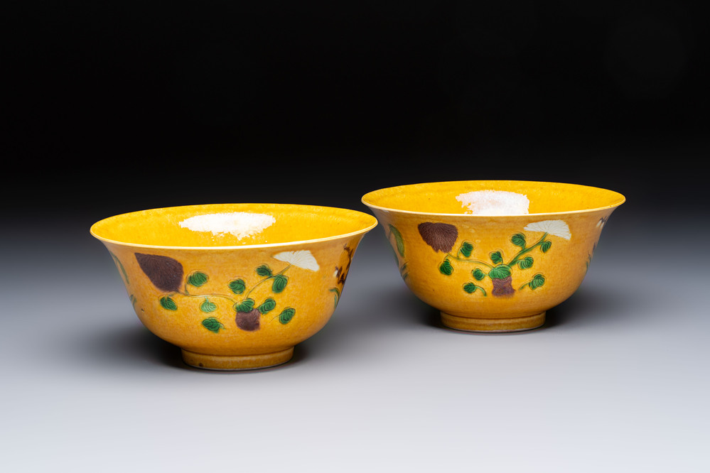 A rare pair of Chinese sancai yellow-ground 'Brinjal' bowls, Tianqi mark, 19th C.