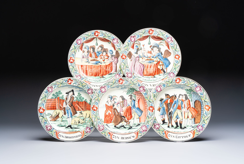 Five Dutch-decorated English 'Religious Subject' creamware plates, 18th C.