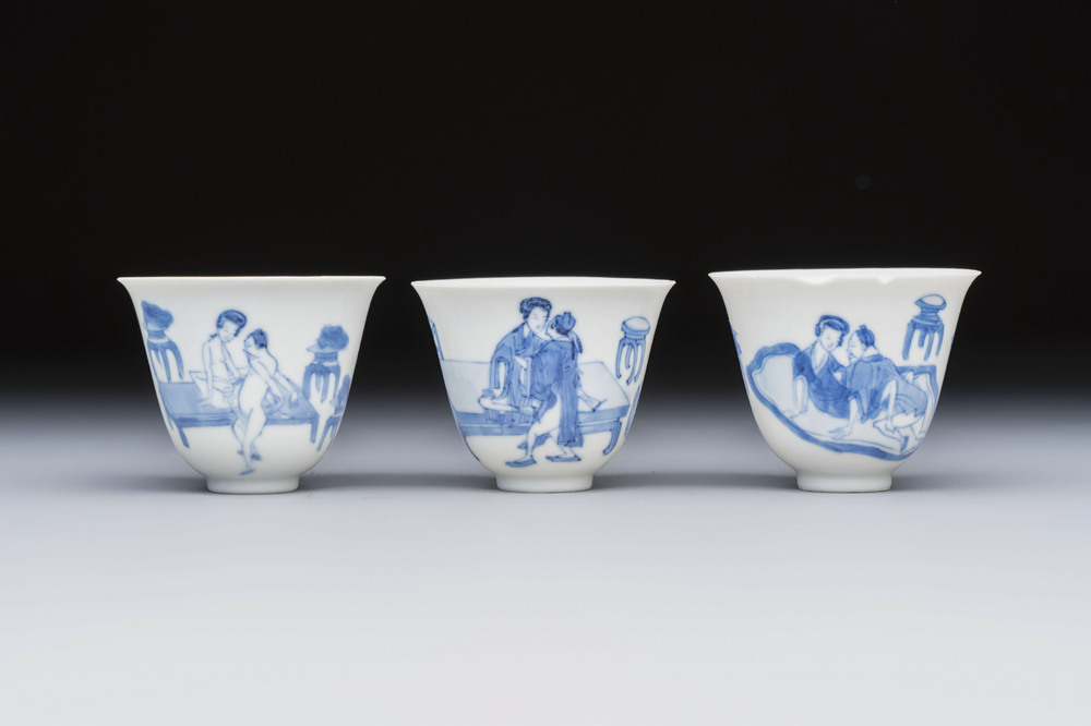 Three Chinese blue and white 'Erotic' wine cups, Yan Shui Yu Shi Zhi Zhen and Chenghua mark, Kangxi