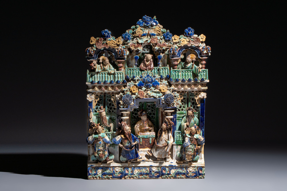 A large and fine Chinese polychrome-glazed Shiwan stoneware group of immortals, 19th C.