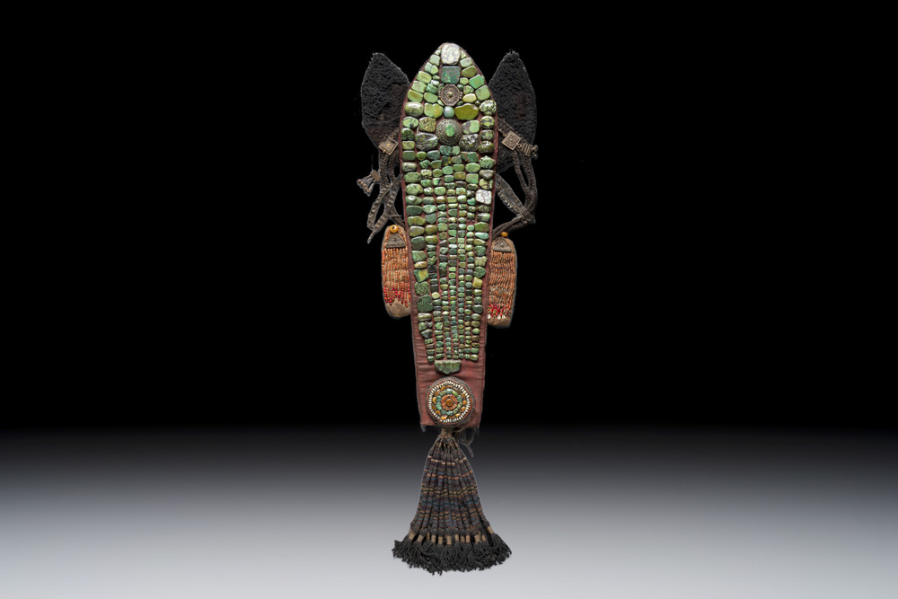 A large ancestral headdress or Perak mounted with turquoise, coral, and other stones, Ladakh, India, 19/20th C.