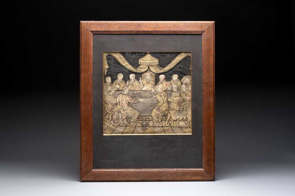 A gilt-brocade silk embroidery depicting the Last Supper, probably France or Spain, 19th C. or earlier.