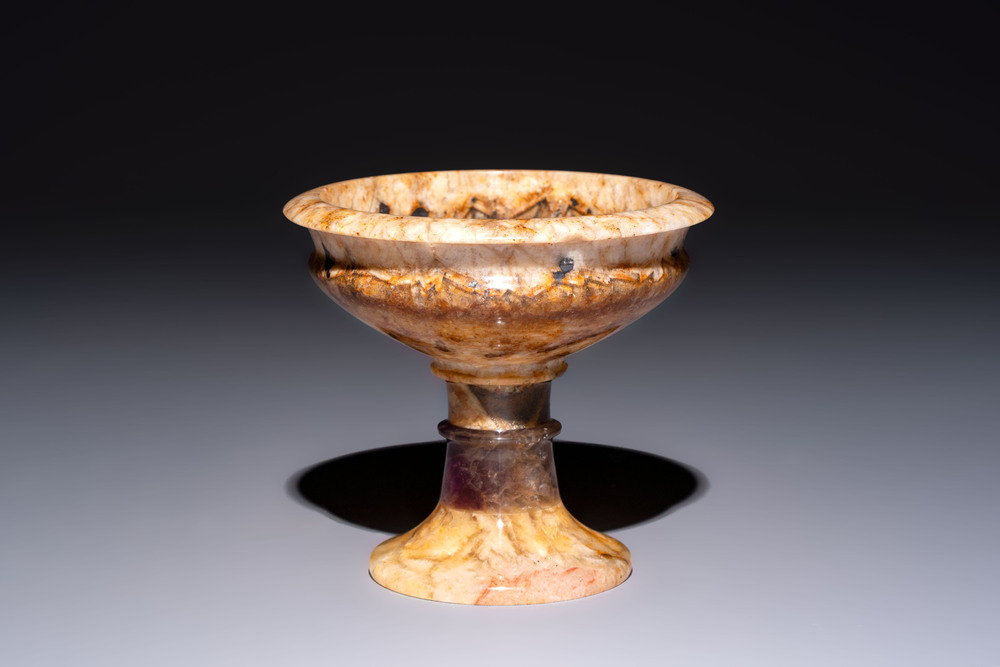 A carved English Blue John fluorspar tazza, ca. 1900