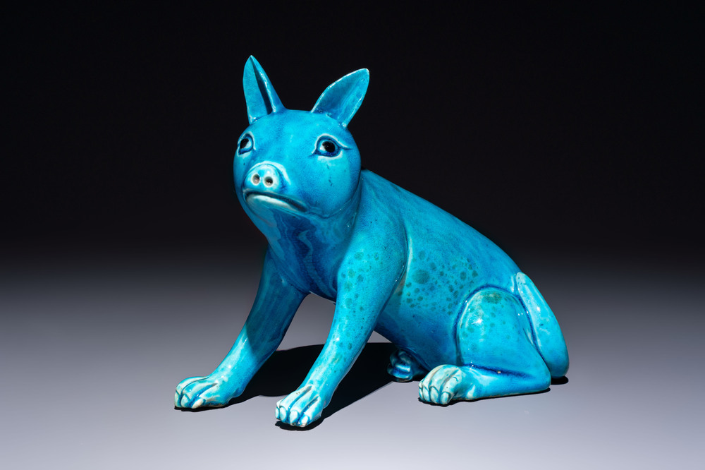 A Chinese turquoise-glazed model of a dog, Qianlong mark, 19th C.