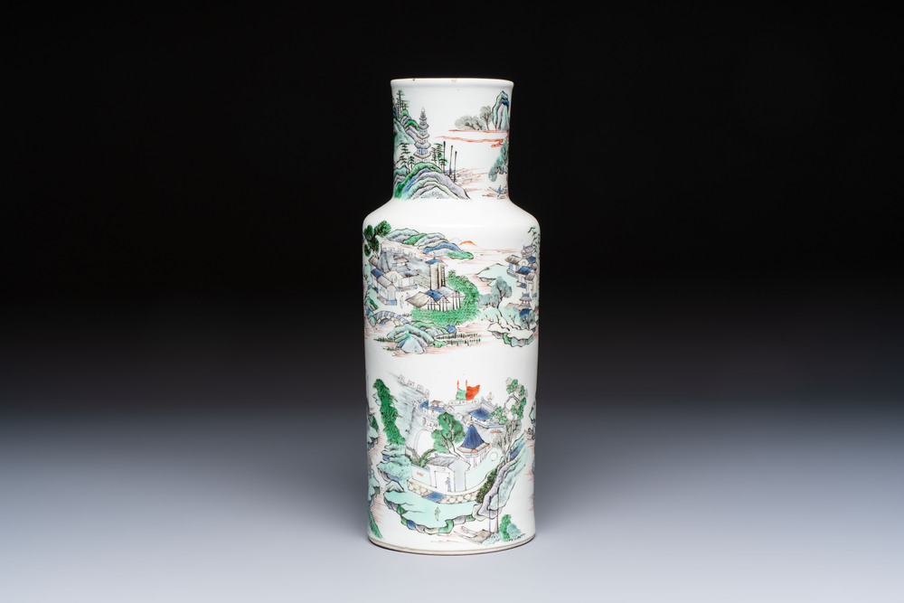 A Chinese famille verte 'Zhang Jiang Men 章江門' rouleau vase, 19th C.