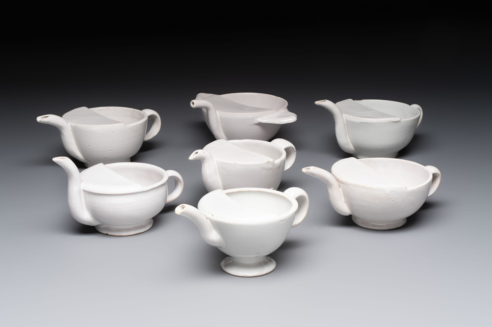 Seven white-glazed Delft or French faience feeding cups or 'Canards de Malade', 19th C.