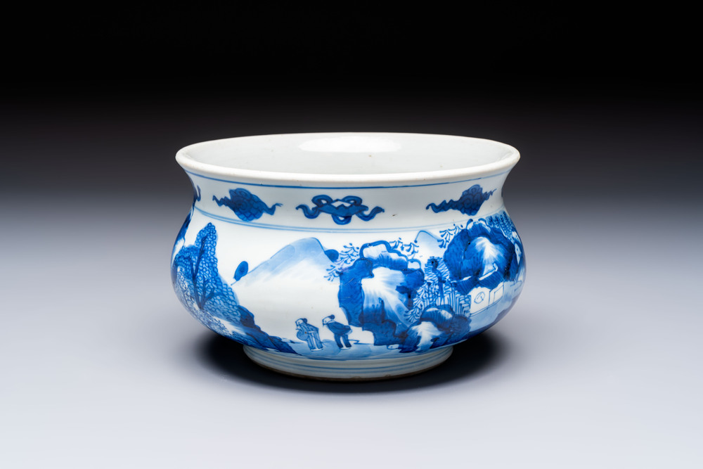 A Chinese blue and white censer depicting two sages in a mountainous landscape, Kangxi