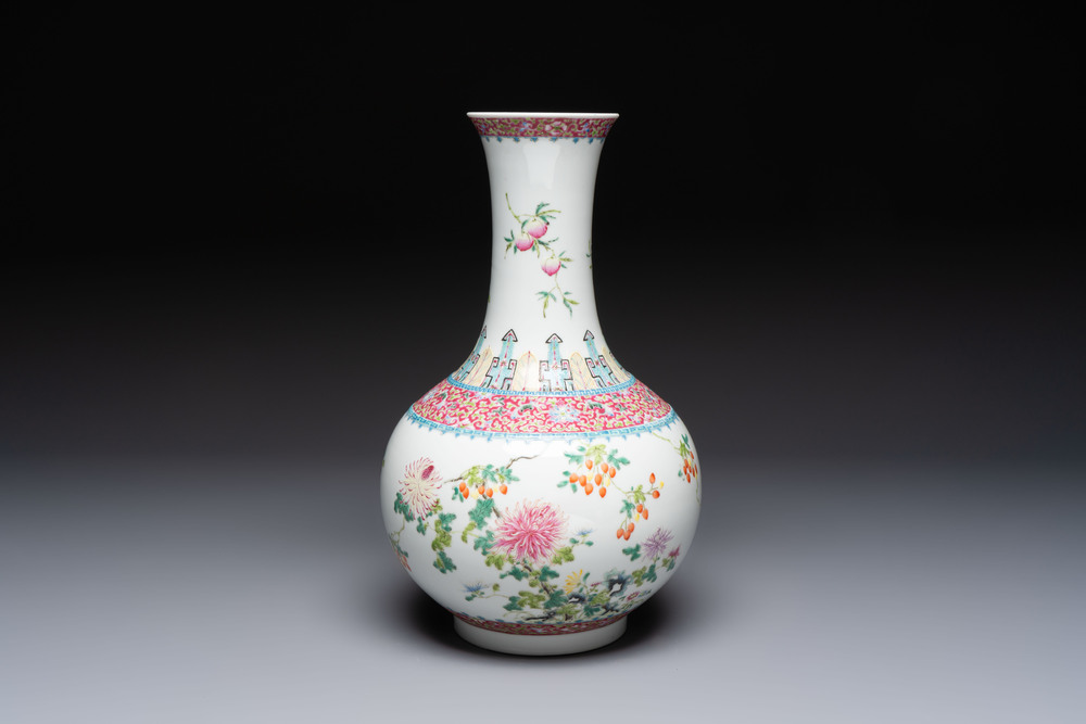 A Chinese famille rose 'Flowers and Fruits' bottle vase, Hongxian mark, Republic