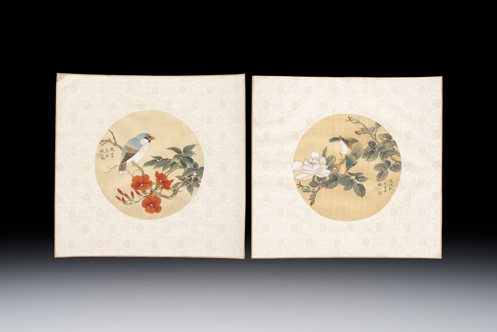 Two Chinese silk paintings with birds on blossoming branches, signed Shi Ren 施仁, dated 1898