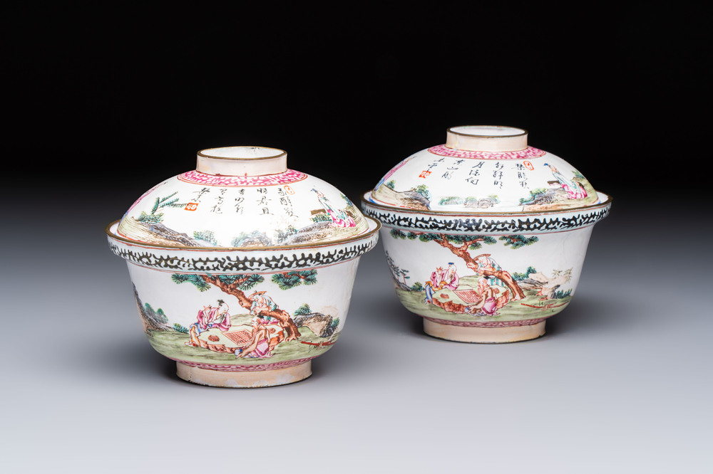 A pair of Chinese Canton enamel 'Wang Zhi Lan Ke 王質爛柯' and 'Poem' covered bowls, 18th C.