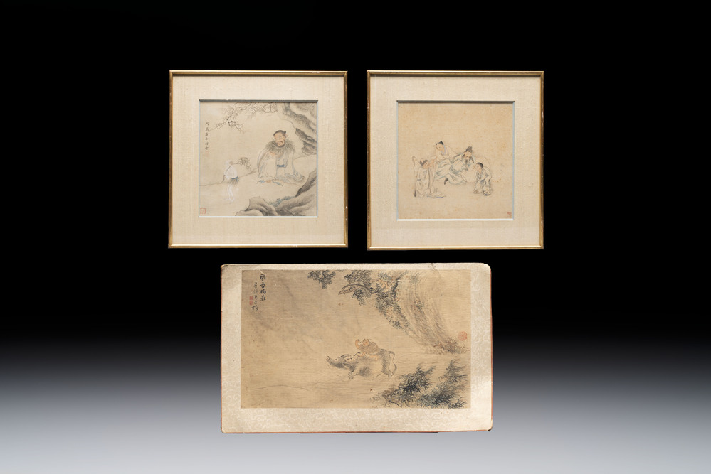 Three Chinese school paintings, ink and colour on silk and paper, signed Cui Feng 崔鳯, Wang Tingrong 王廷榕, Sushi 苏氏 seal mark, 19/20th C.
