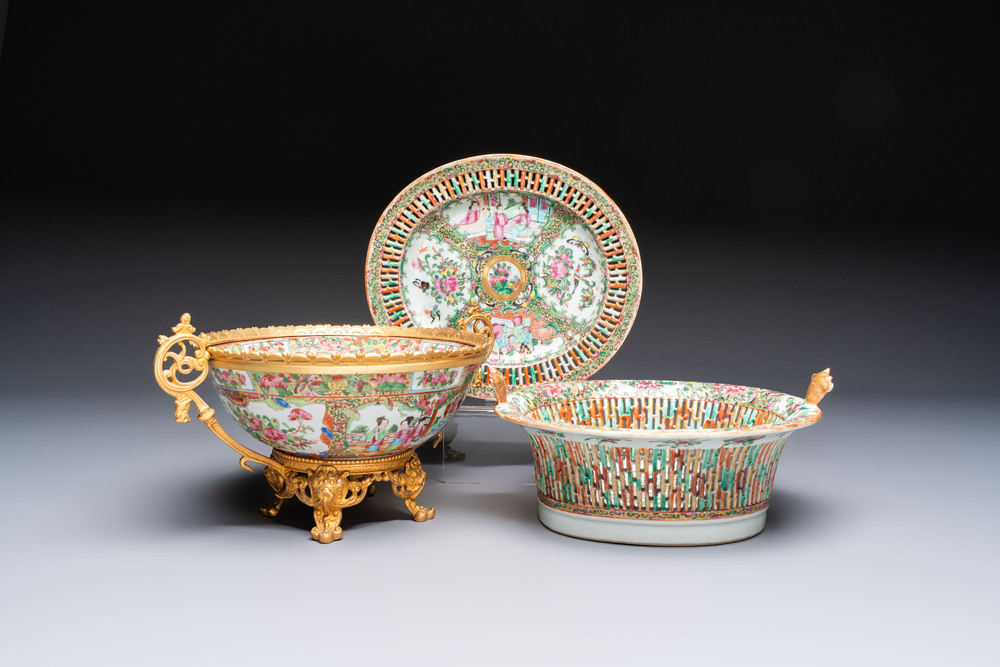 A Chinese Canton famille rose reticulated basket on stand and a gilt-bronze-mounted bowl, 19th C.