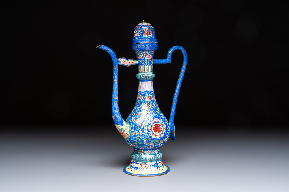 A Chinese Canton blue-ground enamel ewer and cover with floral design, 19th C.