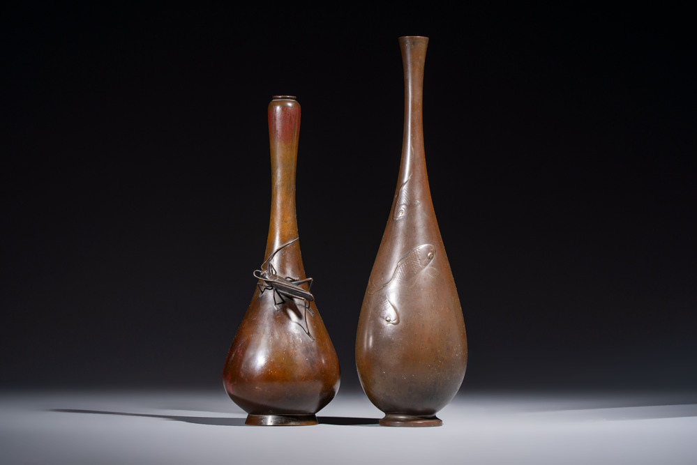 A Japanese bronze 'Koi' vase and a 'Cricket' vase, 19/20th C.