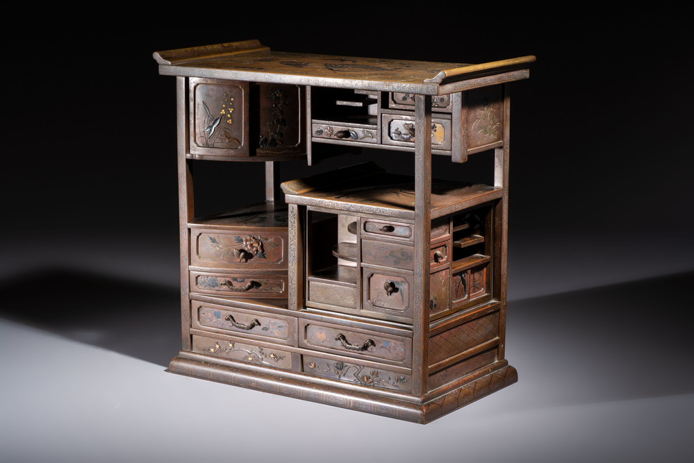 A fine Japanese bronze silver-, gold- and copper-inlaid miniature shodana cabinet, Meiji, 19th C.