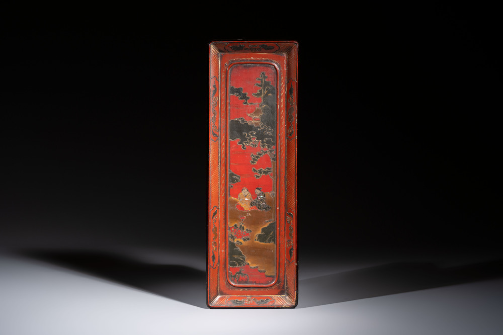 A mother-of-pearl-inlaid gilt-lacquered rectangular tray decorated with two sages in a landscape, Ryukyu Islands, 17th C.