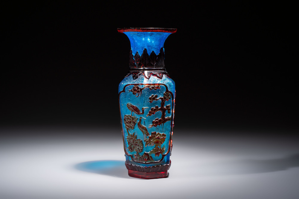 A Chinese red-overlay blue glass 'Cranes' hexagonal vase, Qianlong mark and of the period