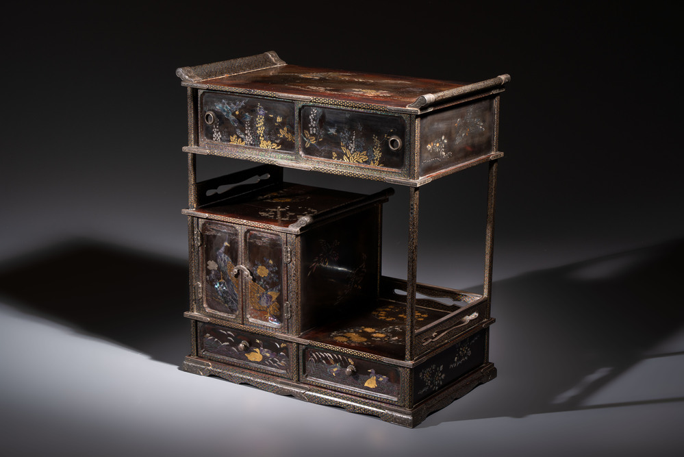 A fine Japanese silver-mounted, mother-of-pearl-inlaid, gilt black-lacquer miniature shodana cabinet, Meiji, 19th C.