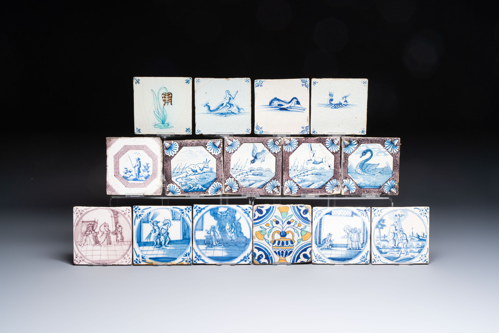 A varied collection of 15 polychrome, blue, white and manganese Dutch Delft tiles, 17/19th C.