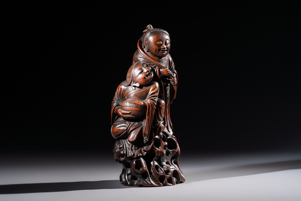 A large Chinese carved bamboo 'Hehe Erxian' group, 18th C.