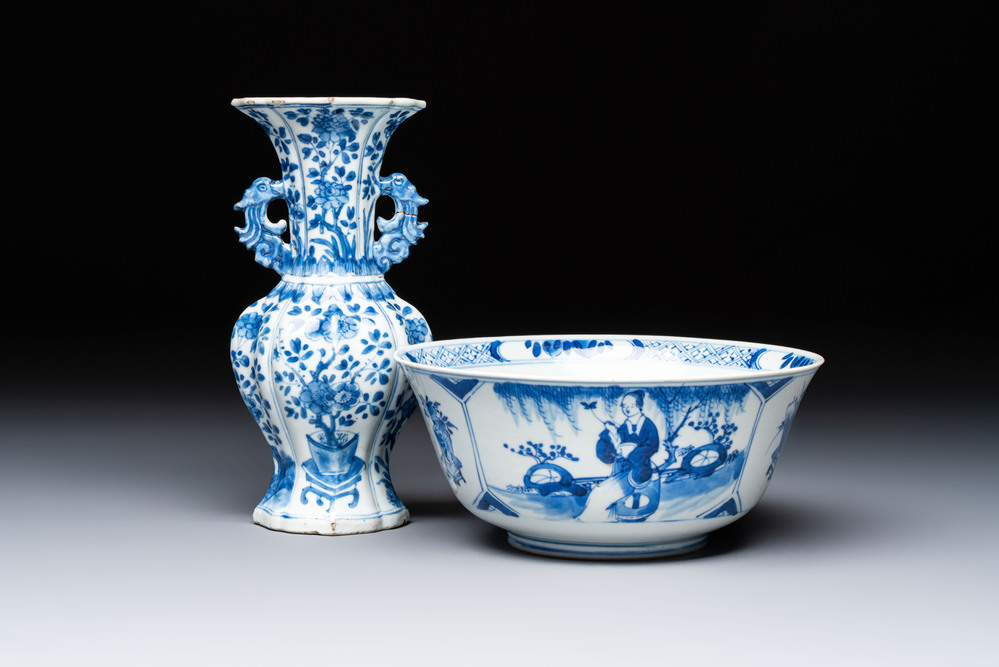 A Chinese blue and white vase with handles and a bowl, Kangxi mark, Kangxi and later