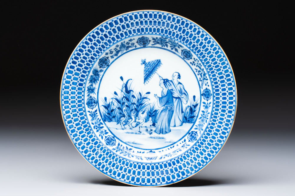 A Chinese blue and white 'La Dame au Parasol' plate after Cornelis Pronk, Qianlong