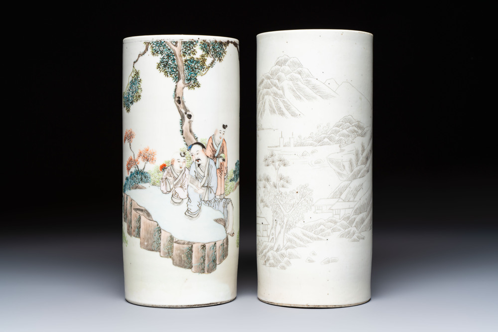 Two Chinese qianjiang cai and grisaille hat stands, signed Gao Hengtai 高恆泰 and Ye Ji 葉吉, one dated 1906, 19/20th C.