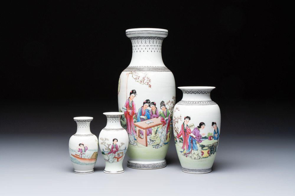 Four Chinese famille rose 'Elegant Beauties' vases, Qianlong marks, 20th C.